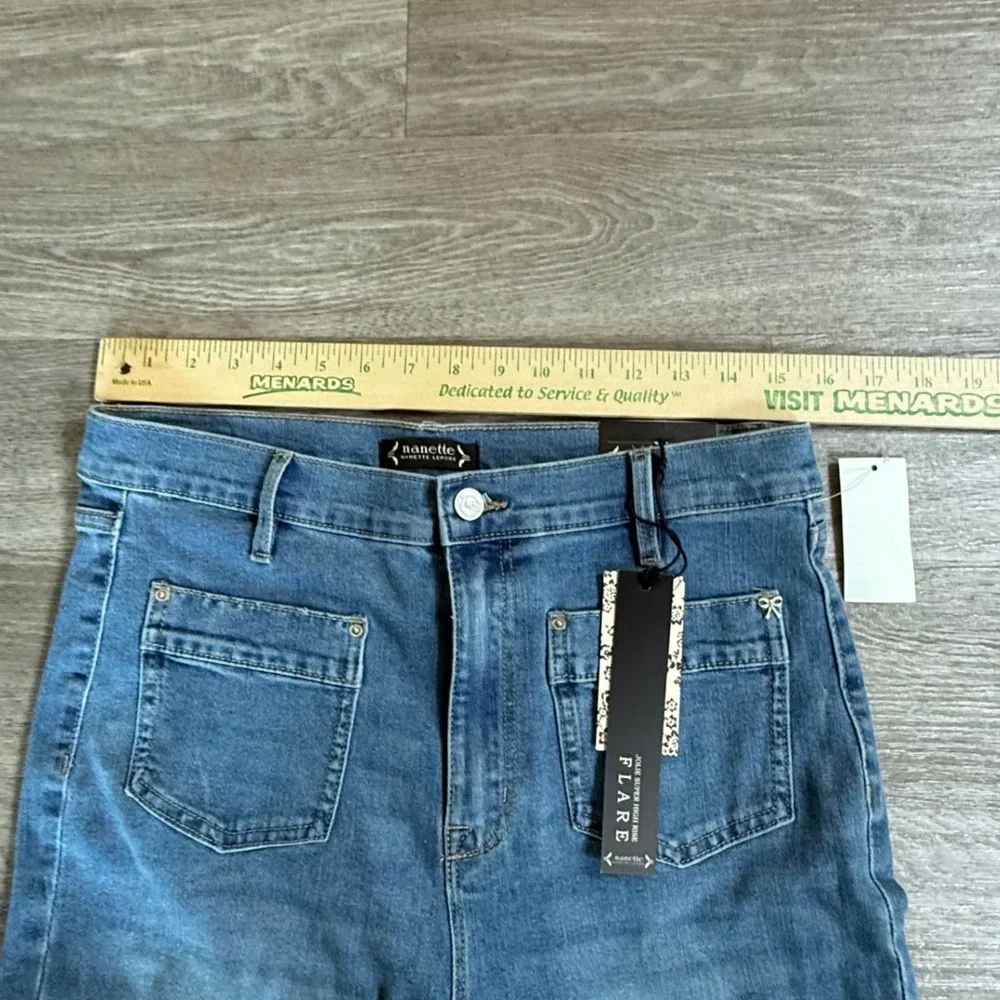 Nanette Lepore Jolie Super High Rise Flare Jeans Medium Blue Raw Hem Size 12 NEW